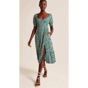 Abercrombie & Fitch Smocked Floral Midi Dress Green Puff Sleeve Small